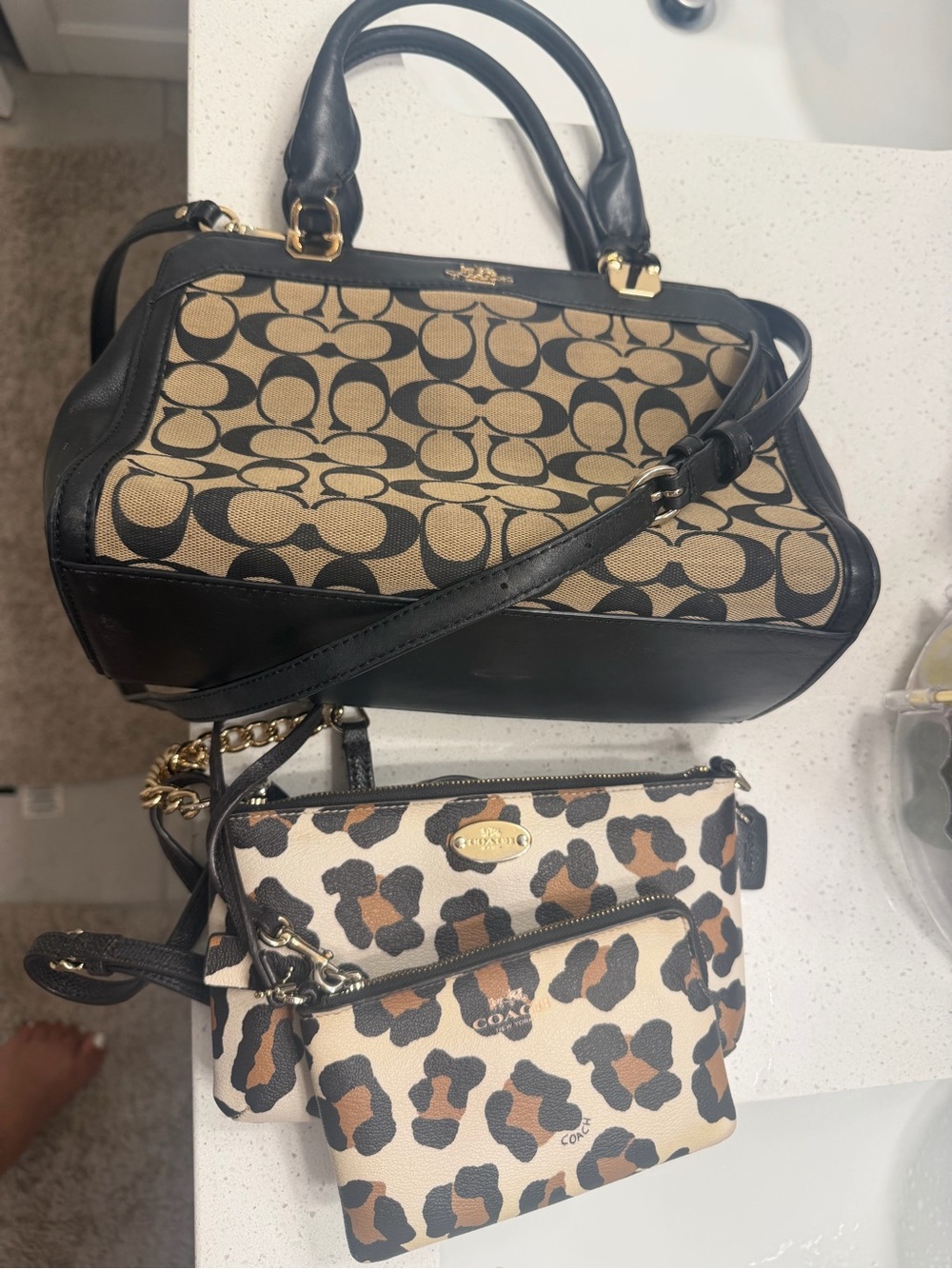 Coach Signature Canvas Satchel with Leopard Print Pouch Trio in Black and Tan